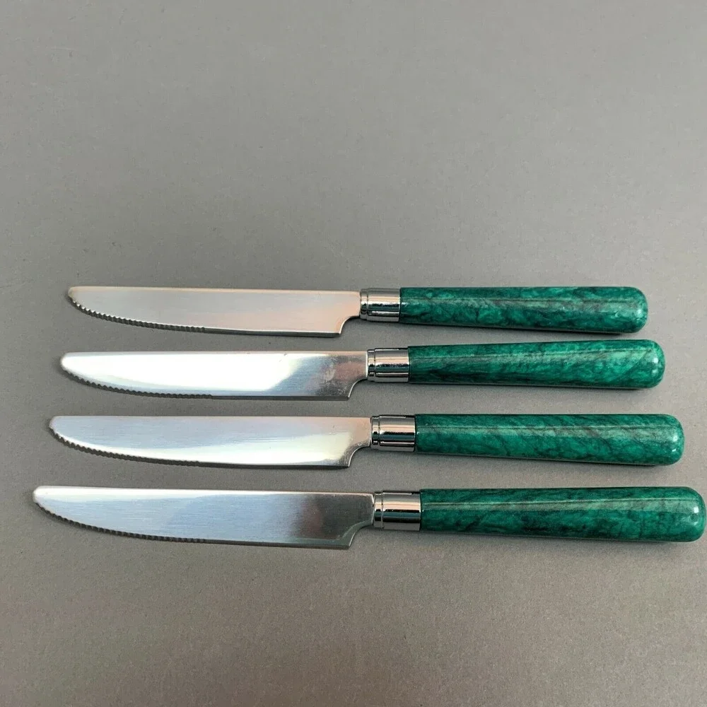 Green Handle 8 3/4 Knives Flatware Lot of 5
